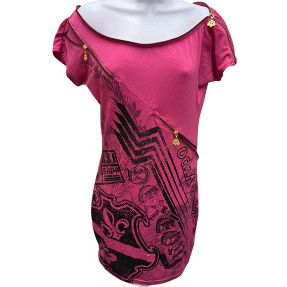 VTG Y2K Dereon Beyonce Womens Medium Fleur De Lis Pink BodyCon Dress Zip Midi - Picture 1 of 5